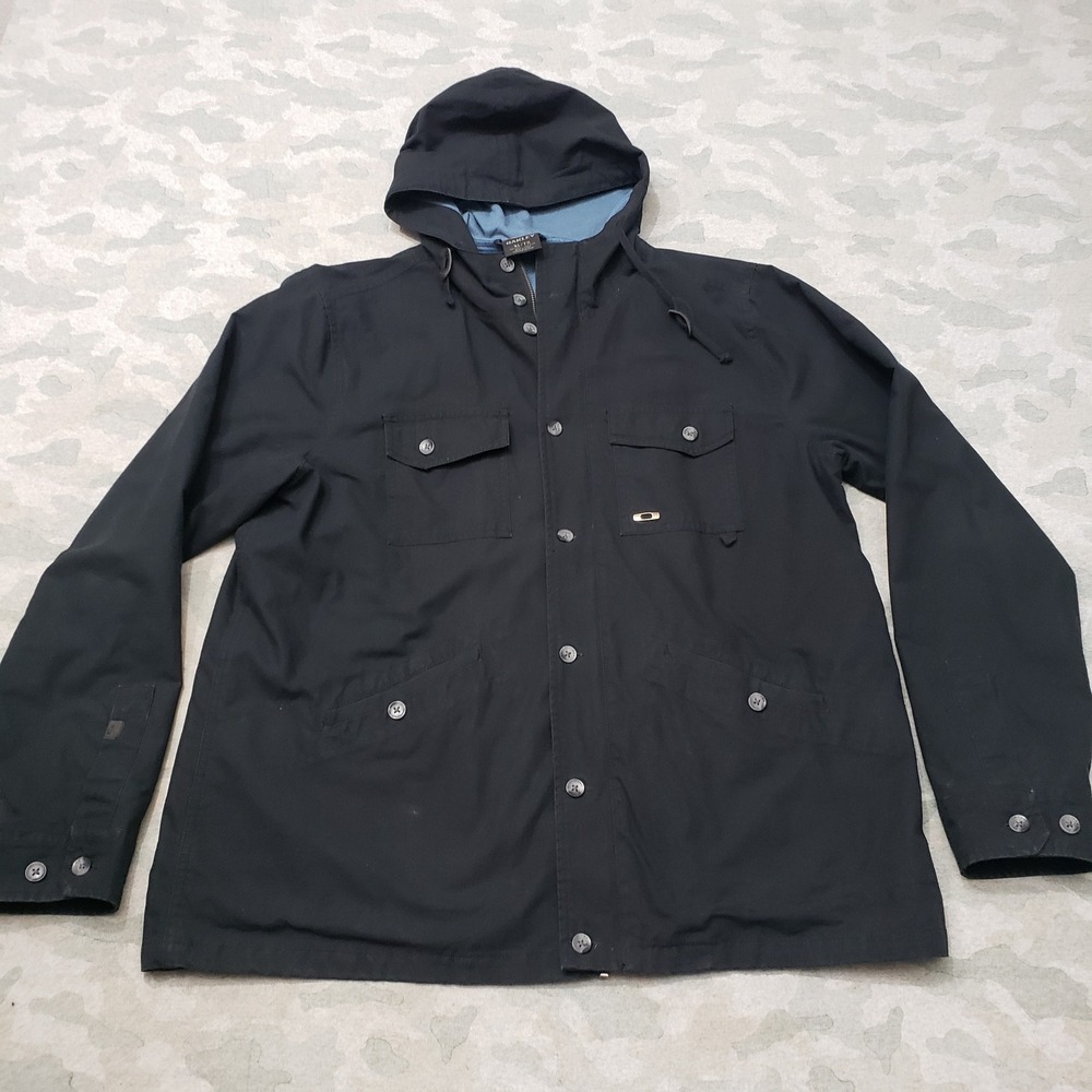 Oakley Jacket Mens XL Black Hooded Field Utility Button Light Weight